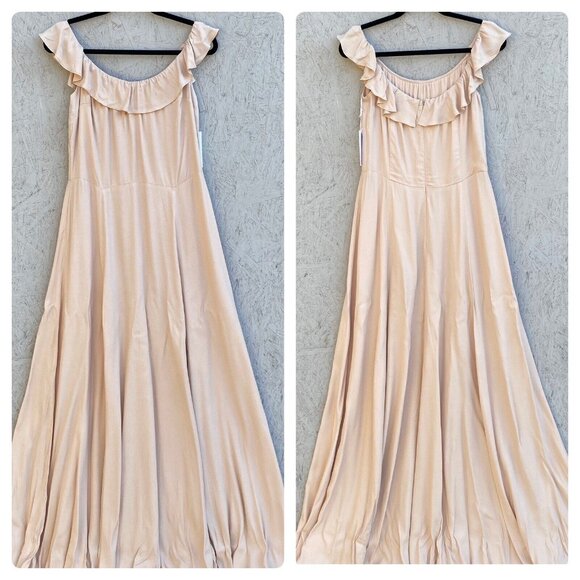 NWT Reformation Verbena Off-The-Shoulder Ruffle Trim Maxi Dress Sz 12 Champagne - Picture 1 of 10